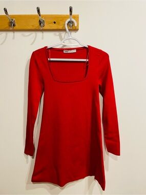 Zara Red Square-Neck Long Sleeve Women's dress